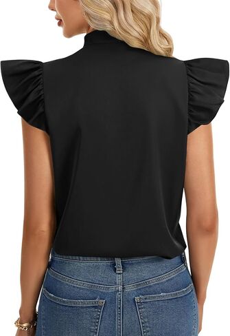 Rooscier Women's Bow Tie Neck Ruffle Cap Sleeve Elegant Office Blouse Shirt Tops in Saudi Arabia