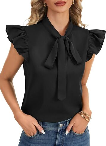 Rooscier Women's Bow Tie Neck Ruffle Cap Sleeve Elegant Office Blouse Shirt Tops in Saudi Arabia