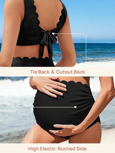 Summer Mae Scalloped Maternity Swimsuits for Women High Waist Bathing Suit Pregnancy Two-Piece Bikini Tie Knot Swimwear in Kuwait
