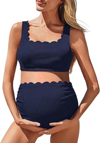 Summer Mae Scalloped Maternity Swimsuits for Women High Waist Bathing Suit Pregnancy Two-Piece Bikini Tie Knot Swimwear in Kuwait