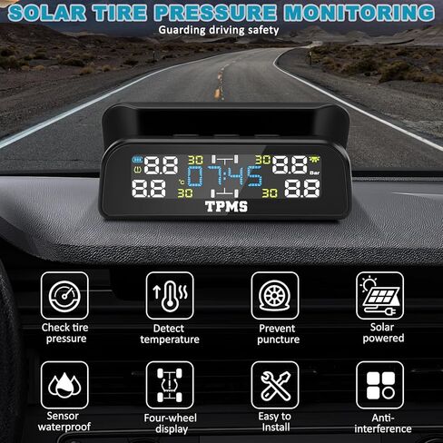 نظام مراقبة ضغط الإطارات ، نظام مراقبة ضغط الإطارات مع شحن الطاقة الشمسية اللاسلكية وشحن USB ، 6 أوضاع إنذار ، في الوقت الحقيقي ، مناسبة للسيارة ، RV ، سيارات الدفع الرباعي ، MPV ، وسيارات السيدان （4 أجهزة استشعار خارجية） in Kuwait