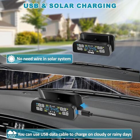 نظام مراقبة ضغط الإطارات ، نظام مراقبة ضغط الإطارات مع شحن الطاقة الشمسية اللاسلكية وشحن USB ، 6 أوضاع إنذار ، في الوقت الحقيقي ، مناسبة للسيارة ، RV ، سيارات الدفع الرباعي ، MPV ، وسيارات السيدان （4 أجهزة استشعار خارجية） in Kuwait