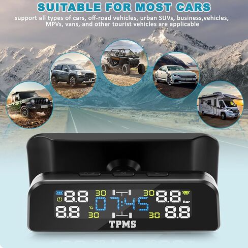 نظام مراقبة ضغط الإطارات ، نظام مراقبة ضغط الإطارات مع شحن الطاقة الشمسية اللاسلكية وشحن USB ، 6 أوضاع إنذار ، في الوقت الحقيقي ، مناسبة للسيارة ، RV ، سيارات الدفع الرباعي ، MPV ، وسيارات السيدان （4 أجهزة استشعار خارجية） in Kuwait