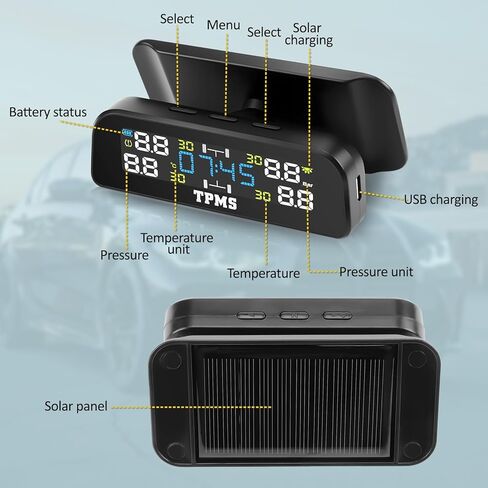 نظام مراقبة ضغط الإطارات ، نظام مراقبة ضغط الإطارات مع شحن الطاقة الشمسية اللاسلكية وشحن USB ، 6 أوضاع إنذار ، في الوقت الحقيقي ، مناسبة للسيارة ، RV ، سيارات الدفع الرباعي ، MPV ، وسيارات السيدان （4 أجهزة استشعار خارجية） in Kuwait