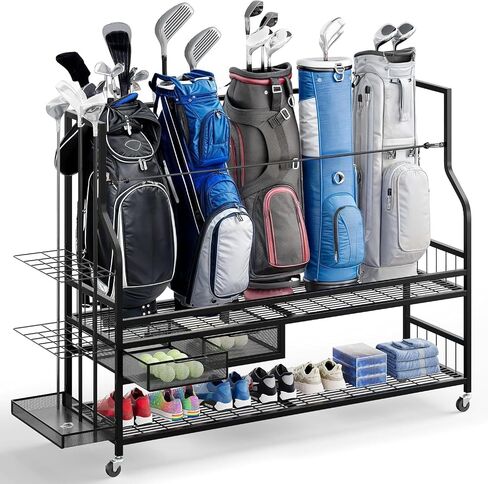 DWVO 4 Golf Bag Organizer for Garage - Golf Bag Stand Holder with Wheels, Golf Bag Storage Rack Fit for 4 Golf Bags, Golf Organizer for Garage Club and Shed, Black in Saudi Arabia