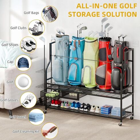 DWVO 4 Golf Bag Organizer for Garage - Golf Bag Stand Holder with Wheels, Golf Bag Storage Rack Fit for 4 Golf Bags, Golf Organizer for Garage Club and Shed, Black in Saudi Arabia
