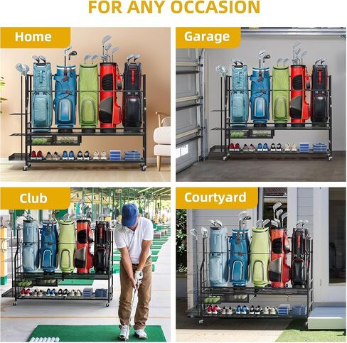 DWVO 4 Golf Bag Organizer for Garage - Golf Bag Stand Holder with Wheels, Golf Bag Storage Rack Fit for 4 Golf Bags, Golf Organizer for Garage Club and Shed, Black in Saudi Arabia