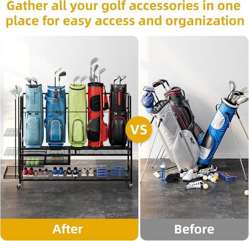 DWVO 4 Golf Bag Organizer for Garage - Golf Bag Stand Holder with Wheels, Golf Bag Storage Rack Fit for 4 Golf Bags, Golf Organizer for Garage Club and Shed, Black in Saudi Arabia