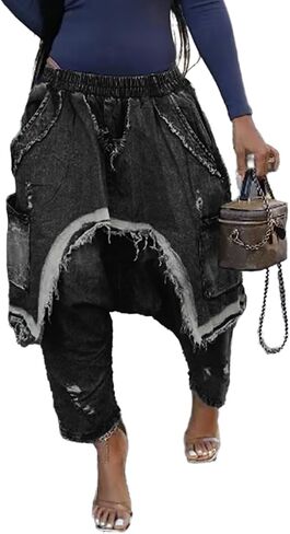 Tbahhir Women's Harem Jeans Elastic High Waist Baggy Patchwork Denim Pants Frayed Hem Barrel Trousers with Pockets in Saudi Arabia