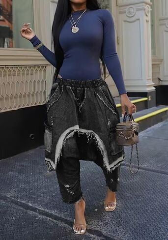 Tbahhir Women's Harem Jeans Elastic High Waist Baggy Patchwork Denim Pants Frayed Hem Barrel Trousers with Pockets in Saudi Arabia