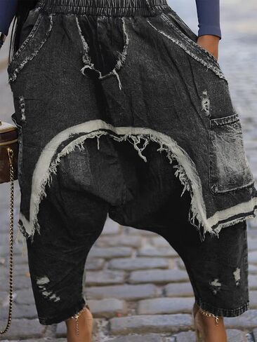 Tbahhir Women's Harem Jeans Elastic High Waist Baggy Patchwork Denim Pants Frayed Hem Barrel Trousers with Pockets in Saudi Arabia