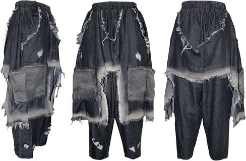 Tbahhir Women's Harem Jeans Elastic High Waist Baggy Patchwork Denim Pants Frayed Hem Barrel Trousers with Pockets in Saudi Arabia