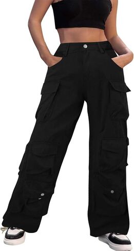 Women's Hiking Wide Leg Cargo Pants Lightweight Quick Dry Outdoor Buttons High Waisted Workout Pants with Pockets in Kuwait