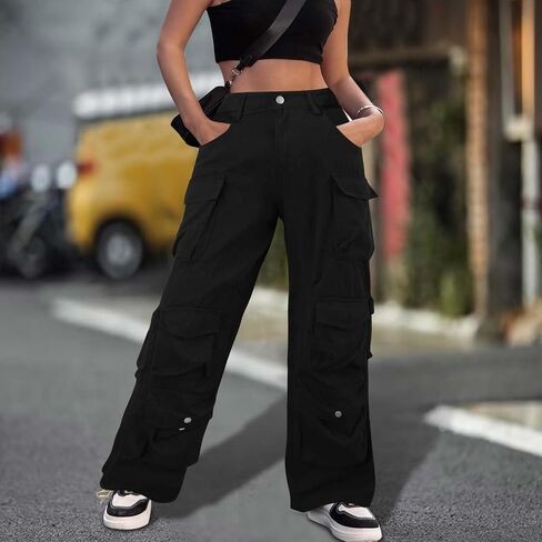 Women's Hiking Wide Leg Cargo Pants Lightweight Quick Dry Outdoor Buttons High Waisted Workout Pants with Pockets in Kuwait
