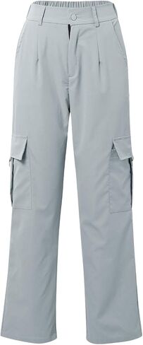 Women's Hiking Wide Leg Cargo Pants Lightweight Quick Dry Outdoor Buttons High Waisted Workout Pants with Pockets in Kuwait