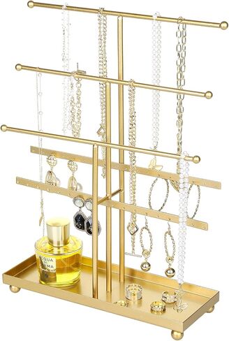 MyGift Jewelry Organizer Rack, Modern Brass Plated Metal Necklace Tower and Bracelet Hanger Stand with Ring Dish Tray in Saudi Arabia