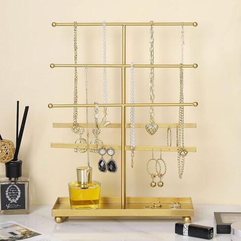 MyGift Jewelry Organizer Rack, Modern Brass Plated Metal Necklace Tower and Bracelet Hanger Stand with Ring Dish Tray in Saudi Arabia