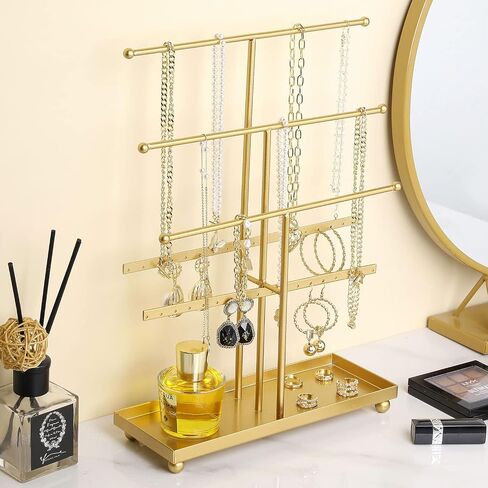 MyGift Jewelry Organizer Rack, Modern Brass Plated Metal Necklace Tower and Bracelet Hanger Stand with Ring Dish Tray in Saudi Arabia