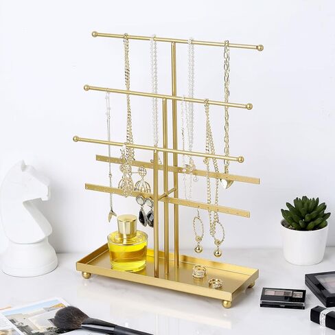 MyGift Jewelry Organizer Rack, Modern Brass Plated Metal Necklace Tower and Bracelet Hanger Stand with Ring Dish Tray in Saudi Arabia