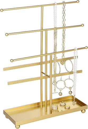 MyGift Jewelry Organizer Rack, Modern Brass Plated Metal Necklace Tower and Bracelet Hanger Stand with Ring Dish Tray in Saudi Arabia