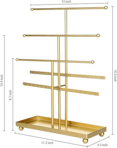 MyGift Jewelry Organizer Rack, Modern Brass Plated Metal Necklace Tower and Bracelet Hanger Stand with Ring Dish Tray in Saudi Arabia