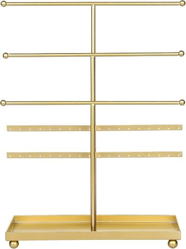 MyGift Jewelry Organizer Rack, Modern Brass Plated Metal Necklace Tower and Bracelet Hanger Stand with Ring Dish Tray in Saudi Arabia