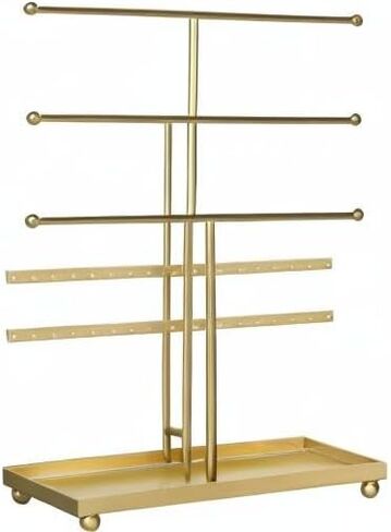 MyGift Jewelry Organizer Rack, Modern Brass Plated Metal Necklace Tower and Bracelet Hanger Stand with Ring Dish Tray in Saudi Arabia
