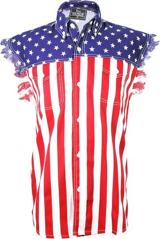 USA Flag Men Sleeveless Denim Cutoff Shirt - 100% Cotton Pre-Washed Denim Shirt with Stars and Stripes S to 5XL in Saudi Arabia