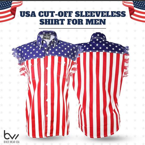 USA Flag Men Sleeveless Denim Cutoff Shirt - 100% Cotton Pre-Washed Denim Shirt with Stars and Stripes S to 5XL in Saudi Arabia