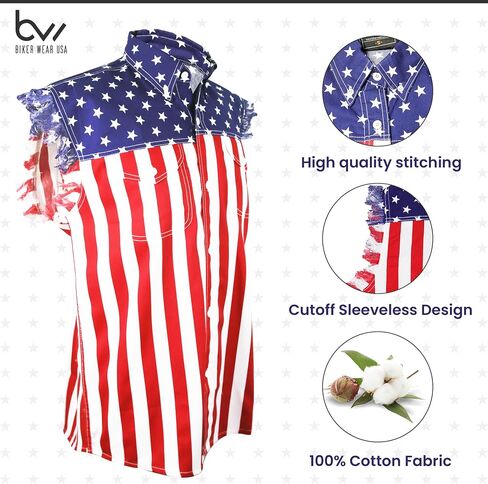 USA Flag Men Sleeveless Denim Cutoff Shirt - 100% Cotton Pre-Washed Denim Shirt with Stars and Stripes S to 5XL in Saudi Arabia