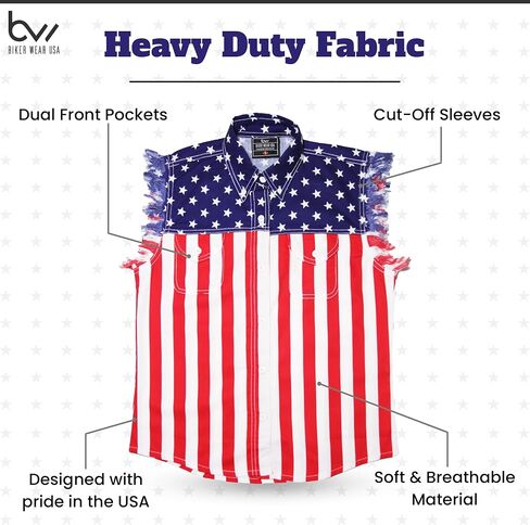 USA Flag Men Sleeveless Denim Cutoff Shirt - 100% Cotton Pre-Washed Denim Shirt with Stars and Stripes S to 5XL in Saudi Arabia