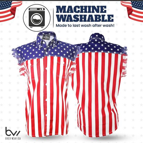 USA Flag Men Sleeveless Denim Cutoff Shirt - 100% Cotton Pre-Washed Denim Shirt with Stars and Stripes S to 5XL in Saudi Arabia