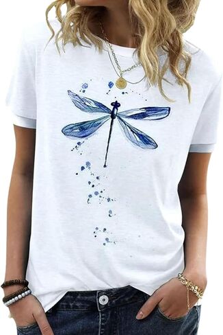 Women's Dragonfly Graphic Tees Trendy Casual Loose Summer Funny Cute Printed Short Sleeve Shirts Tops in Saudi Arabia