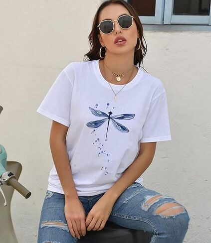 Women's Dragonfly Graphic Tees Trendy Casual Loose Summer Funny Cute Printed Short Sleeve Shirts Tops in Saudi Arabia