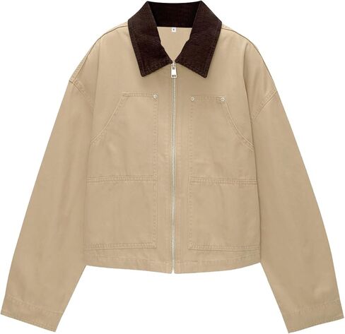 Womens Lightweight Jacket with Corduroy Collar Oversized Barn Jackets Cropped Zip Up Workwear Jacket in Saudi Arabia