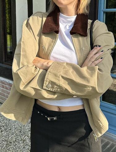 Womens Lightweight Jacket with Corduroy Collar Oversized Barn Jackets Cropped Zip Up Workwear Jacket in Saudi Arabia