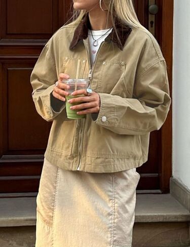 Womens Lightweight Jacket with Corduroy Collar Oversized Barn Jackets Cropped Zip Up Workwear Jacket in Saudi Arabia