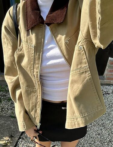 Womens Lightweight Jacket with Corduroy Collar Oversized Barn Jackets Cropped Zip Up Workwear Jacket in Saudi Arabia