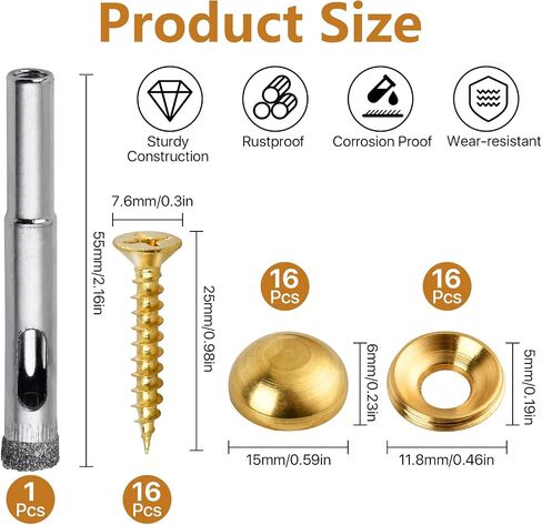 16 Pcs Brass Decorative Screws with Caps, 15 mm Self-Tapping Screws with Decorative Cover, Decorative Caps Cover Nails for Furniture Mirror Sign Advertising Glass Fixing (Bronze) in Kuwait