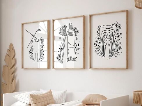 NATVVA Wall Decor 3 Pieces Tooth Brush Canvas Painting Flower Prints Art Poster Dental Hygiene Pictures for Dental Office Decor with Wooden Inner Frame in Saudi Arabia