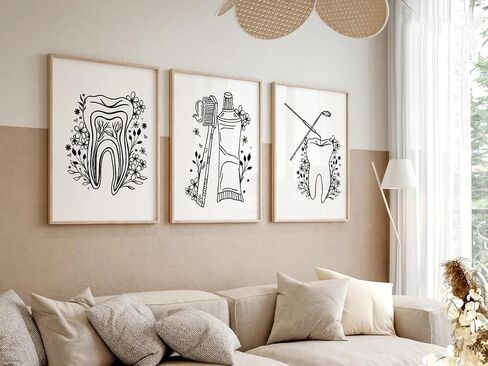 NATVVA Wall Decor 3 Pieces Tooth Brush Canvas Painting Flower Prints Art Poster Dental Hygiene Pictures for Dental Office Decor with Wooden Inner Frame in Saudi Arabia