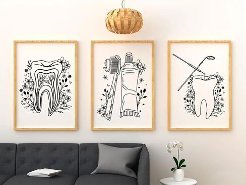 NATVVA Wall Decor 3 Pieces Tooth Brush Canvas Painting Flower Prints Art Poster Dental Hygiene Pictures for Dental Office Decor with Wooden Inner Frame in Saudi Arabia