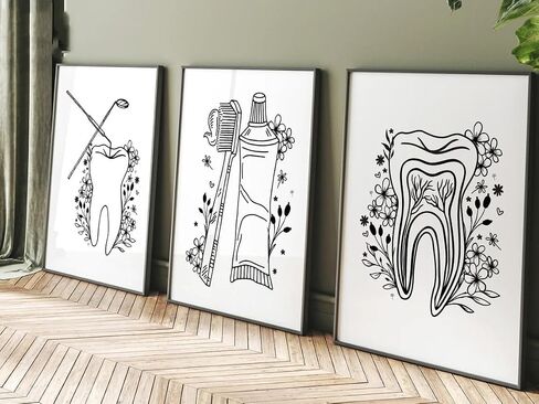 NATVVA Wall Decor 3 Pieces Tooth Brush Canvas Painting Flower Prints Art Poster Dental Hygiene Pictures for Dental Office Decor with Wooden Inner Frame in Saudi Arabia