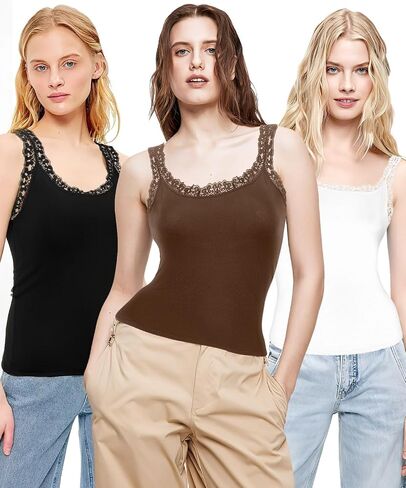 3PCS Lace Camisole Tank Tops Womens Cami Undershirt Sleeveless Ribbed Tank for Women in Saudi Arabia