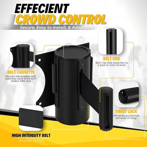 حاجز حزام قابل للسحب للتحكم في الحشود من Flexzion - حزام حاجز أمان مثبت على الحائط بطول 10 أقدام و3 أمتار، وفواصل خط الانتظار مع حزام حبل نايلون بطيء السحب وحقيبة سوداء متينة من الفولاذ للداخل/الخارج، عبوتان in Saudi Arabia