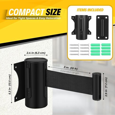 حاجز حزام قابل للسحب للتحكم في الحشود من Flexzion - حزام حاجز أمان مثبت على الحائط بطول 10 أقدام و3 أمتار، وفواصل خط الانتظار مع حزام حبل نايلون بطيء السحب وحقيبة سوداء متينة من الفولاذ للداخل/الخارج، عبوتان in Saudi Arabia