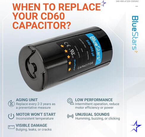 340-408 uf/MFD 220-250 VAC ±20% Volts Round Start Capacitor 50/60 Hz AC Electric Replacement Part by Blue Stars - Exact Fit for Single-Phase Electric Motors and Gear Motor Applications in Saudi Arabia
