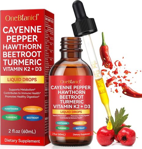 Cayenne Pepper Drops Supplement Liquid 60ml Herbal Supplements Cayenne Pepper Hawthorn Beet Root Turmeric Curcumin, Vitamin K2 & D3 Extract Organic (60ml) in Saudi Arabia