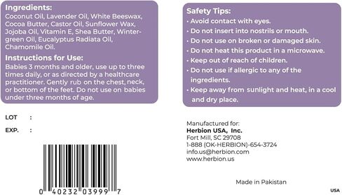 فرك الصدر للأطفال من هيربيون ناتشورالز، للأعمار من 3 أشهر فما فوق، مرهم مهدئ طبيعي بالكامل مع زيت جوز الهند، والأوكالبتوس، واللافندر، والبابونج، وزبدة الشيا، وخالي من البترول والمنثول، وغير معدل وراثيًا؛ لمستلزمات الطفل in Kuwait