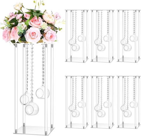 Yerliker 6 Sets 20'' Tall Wedding Centerpieces Decoration Flower Vase Clear Acrylic Flowers Stand with Hanging Glass Tealight Holder Globe, Crystal Garland Strands and Self Adhesive Hooks in Saudi Arabia